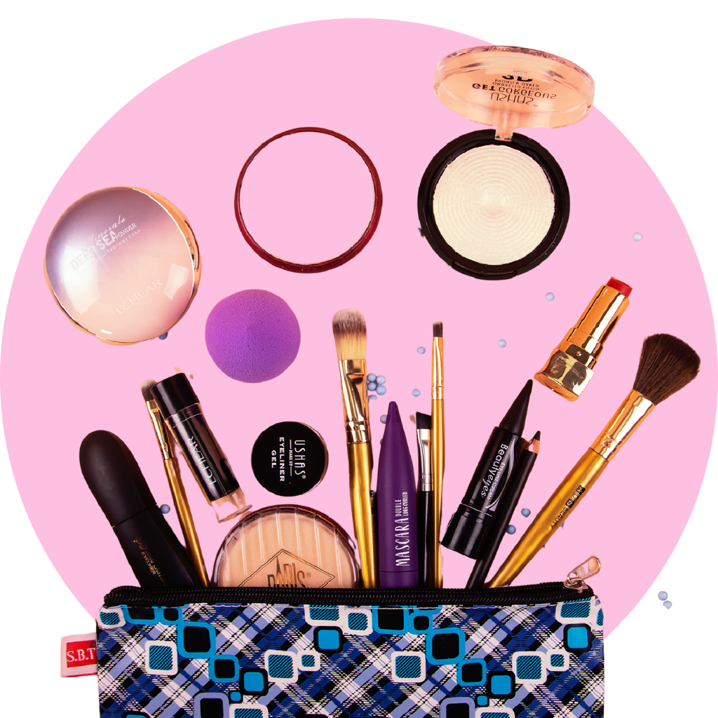 Multiple makeup items out of a makeup pouch in a pink circle background