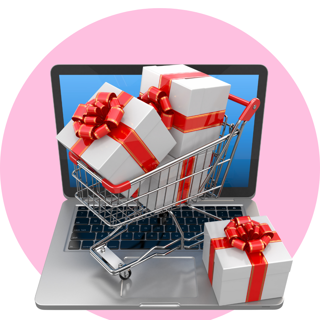 A mini shopping cart with gifts on a laptop in a pink circle background