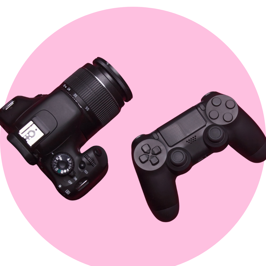 A camera and game controller in a pink circle background