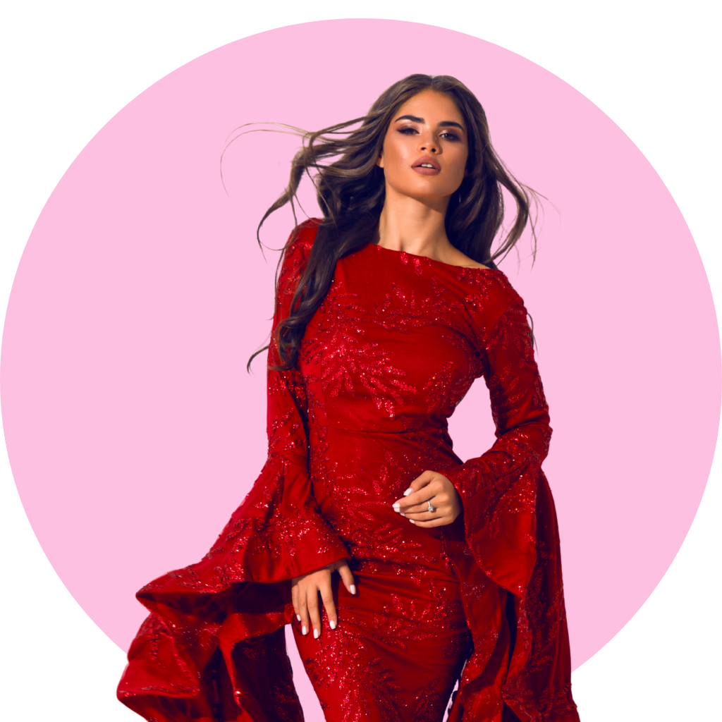 A woman with red dress in a pink circle background