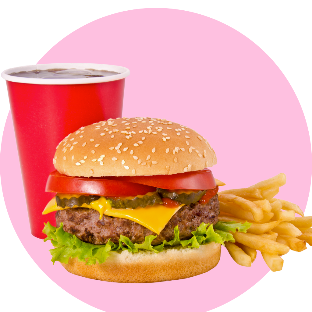 Burger, friens and a cup of cola in a pink circle background