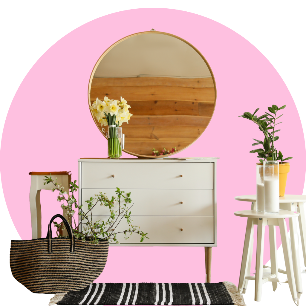 Aesthetic home furniture items in a pink circle background