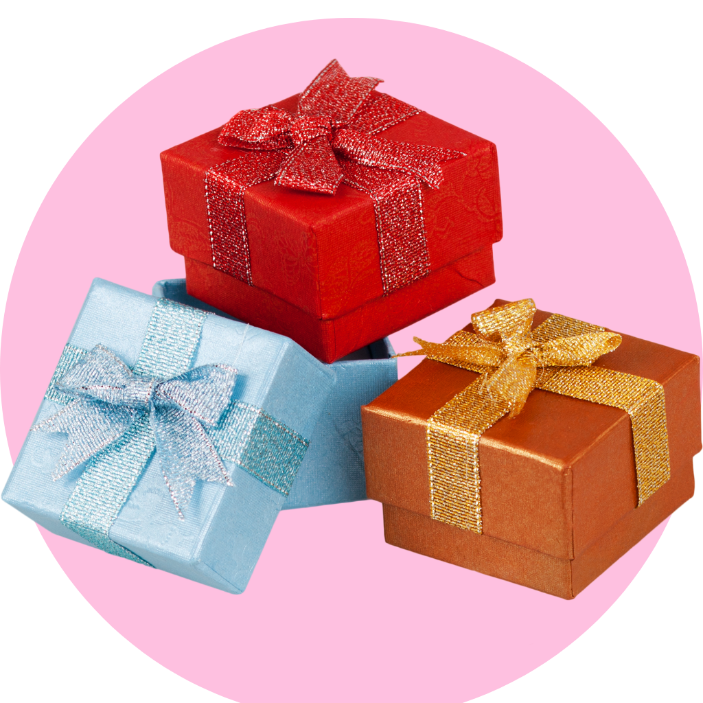Three wrapped gifts in a pink circle background