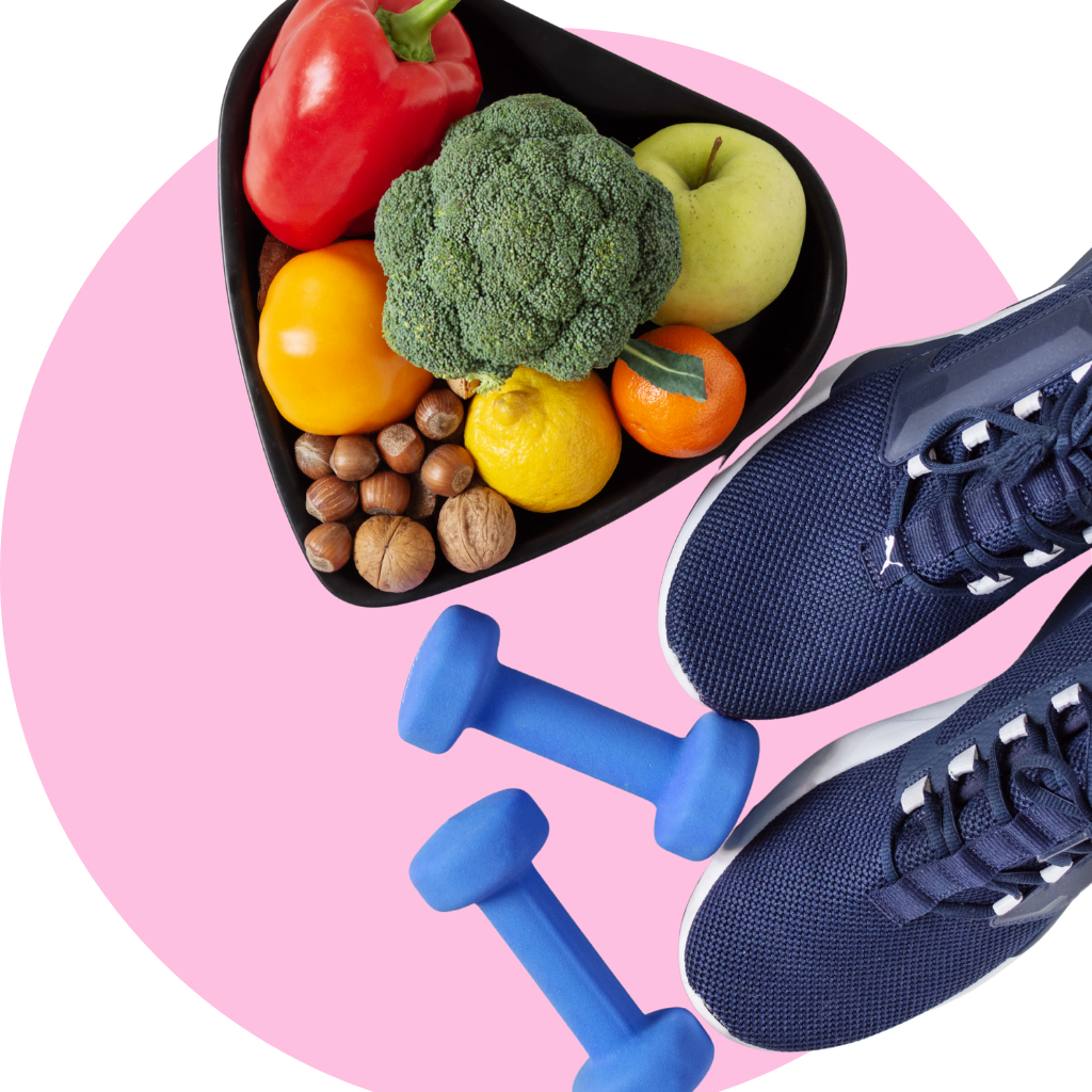 Mini dumbbels, running shoes and a plate with healthy food in a pink circle background