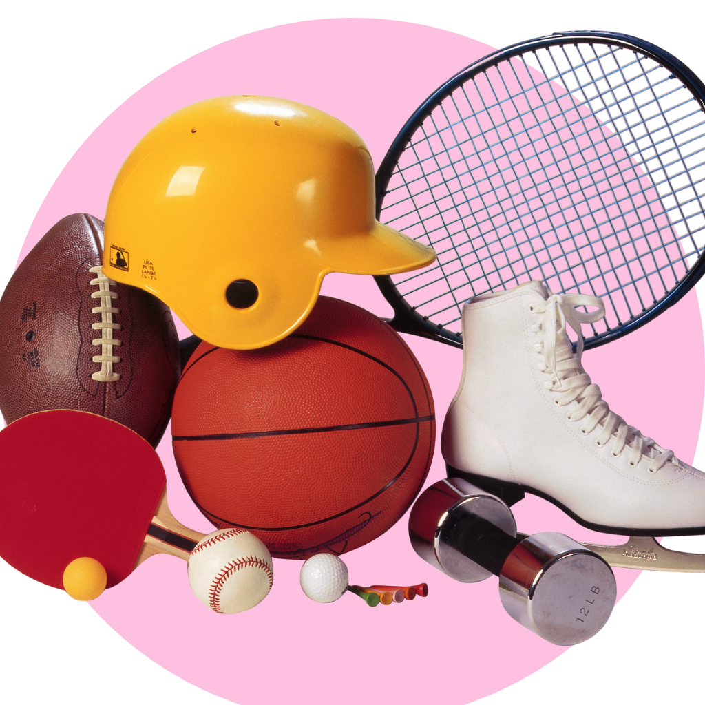 multiple sporting items in a pink circle background
