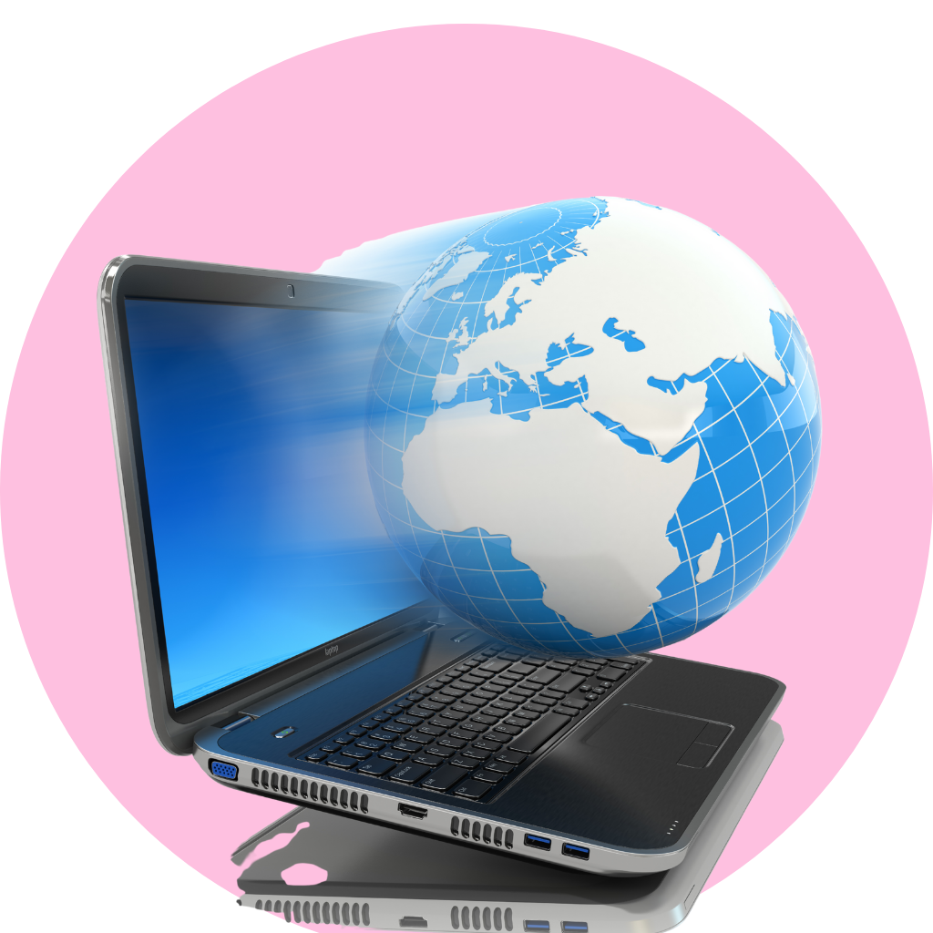 A laptop and a globe in a pink circle background